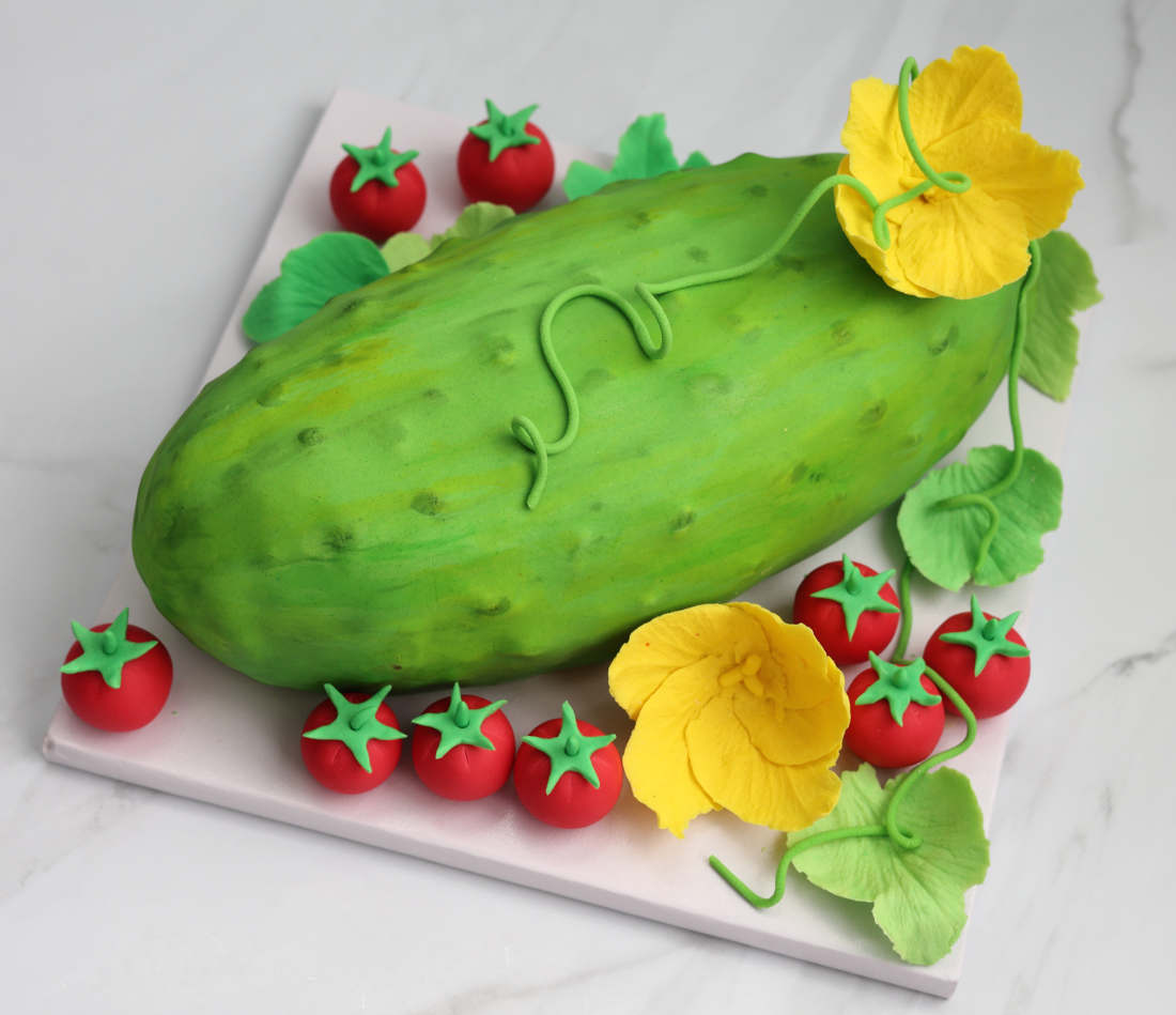 Vegetable cake: large cucumber and tomatoes