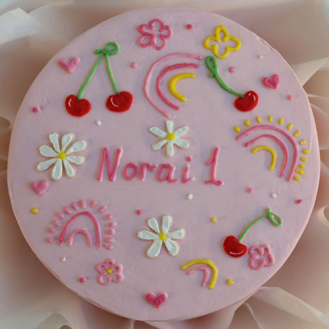 Cherries, rainbows, and flowers on a bento cake for a child