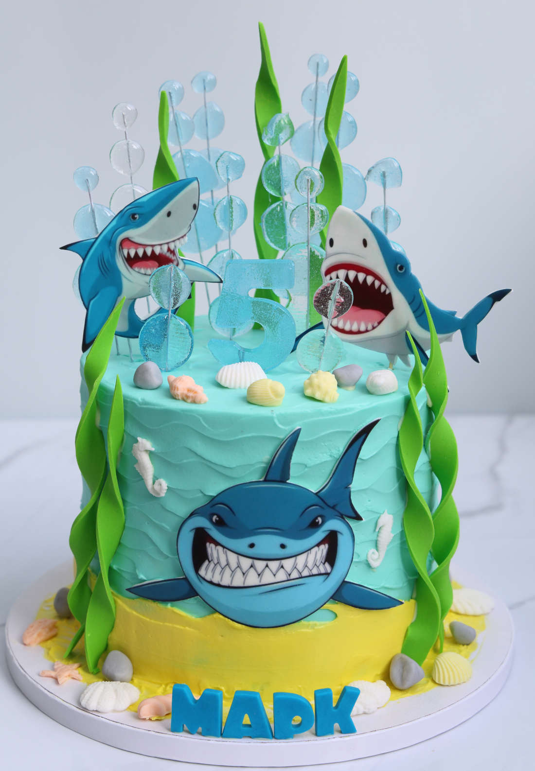 Shark-themed cake for a boy's birthday