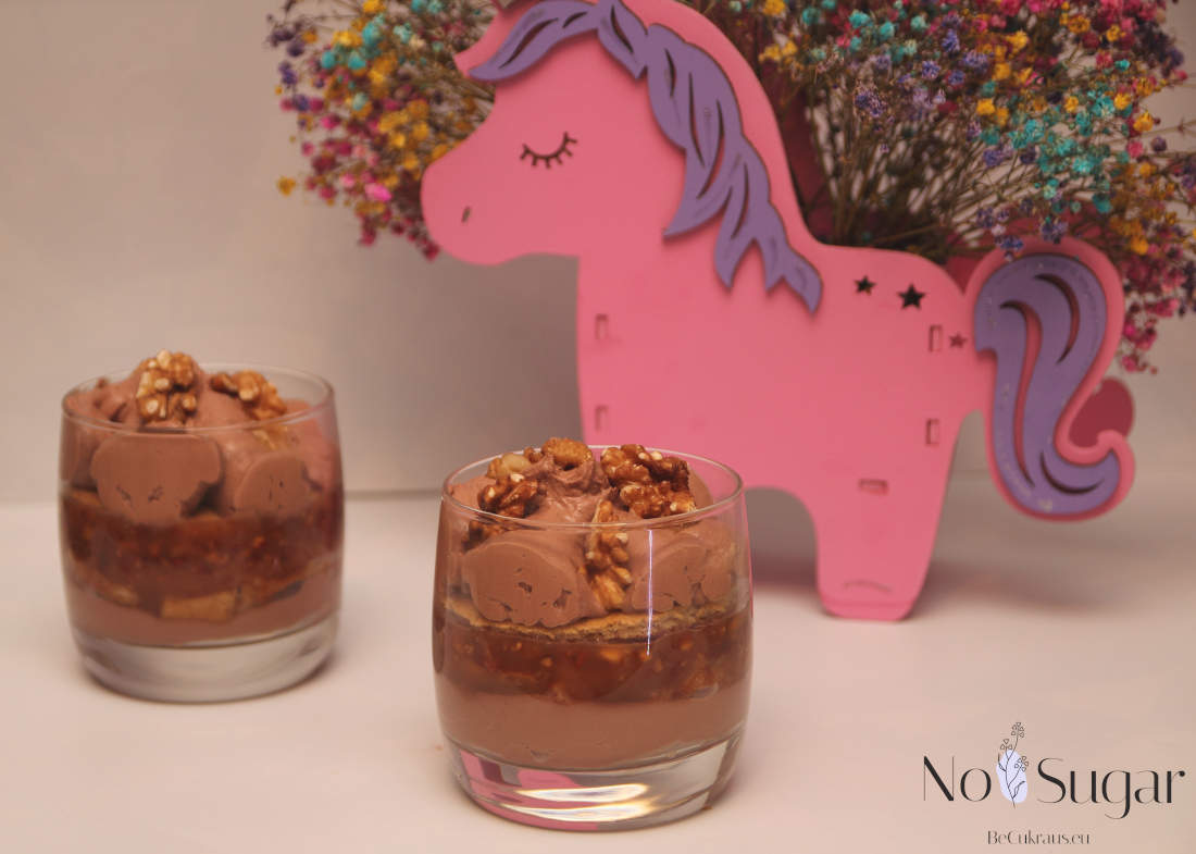 Sugar-free and gluten-free trifle in a cup with walnuts